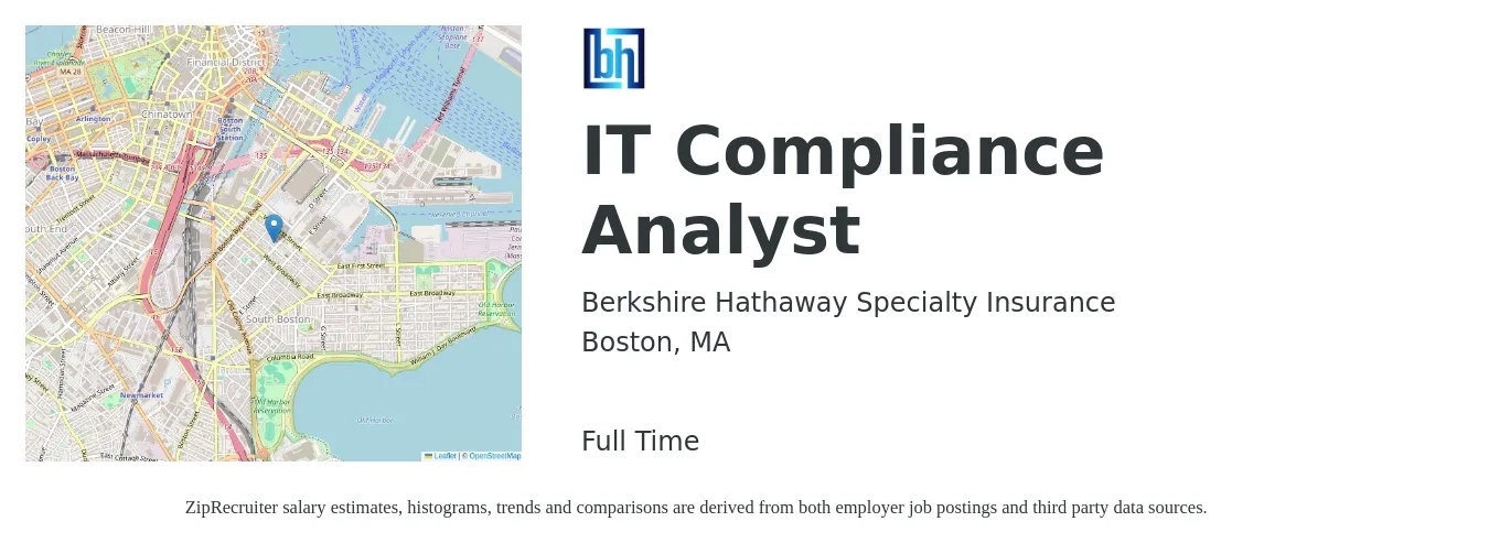 Berkshire Hathaway Specialty Insurance job posting for a IT Compliance Analyst in Boston, MA with a salary of $102,400 to $103,000 Yearly with a map of Boston location.
