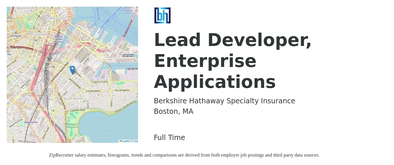 Berkshire Hathaway Specialty Insurance job posting for a Lead Developer, Enterprise Applications in Boston, MA with a salary of $57 to $82 Hourly with a map of Boston location.