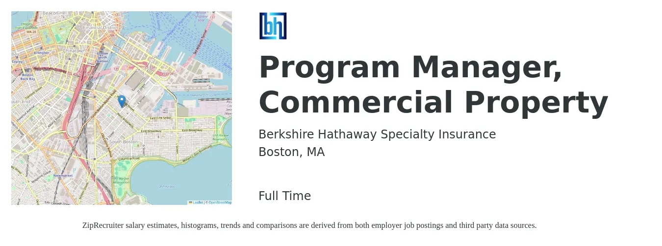 Berkshire Hathaway Specialty Insurance job posting for a Program Manager, Commercial Property in Boston, MA with a salary of $75,200 to $106,200 Yearly with a map of Boston location.