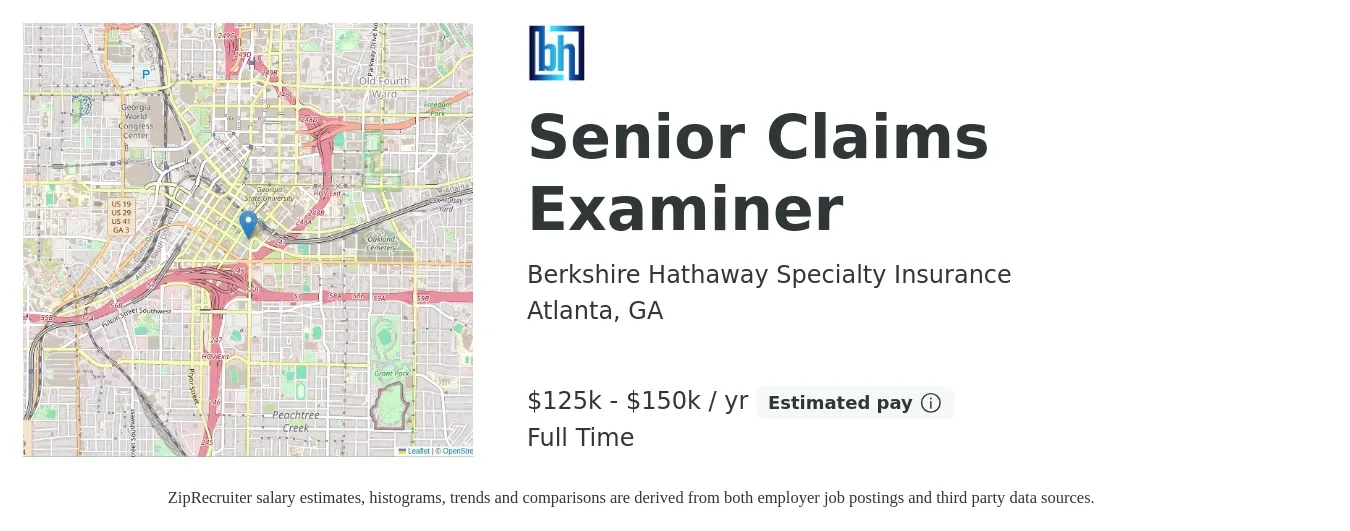 Berkshire Hathaway Specialty Insurance job posting for a Senior Claims Examiner in Atlanta, GA with a salary of $125,000 to $145,000 Yearly with a map of Atlanta location.