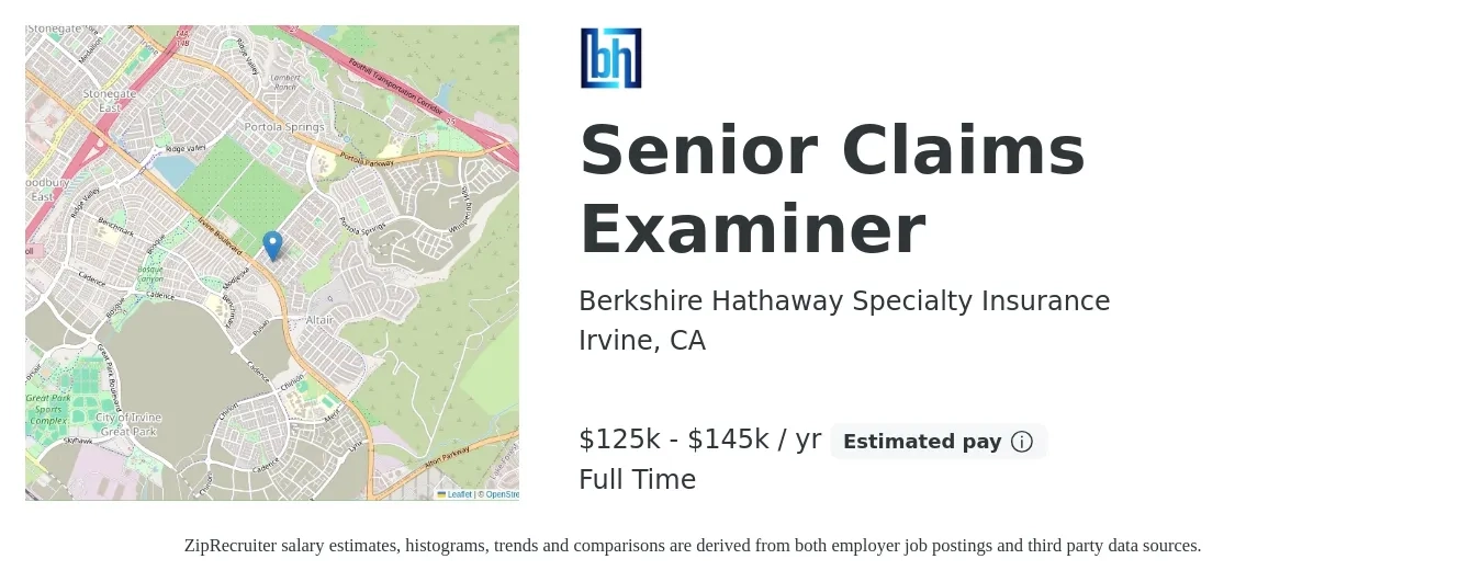 Berkshire Hathaway Specialty Insurance job posting for a Senior Claims Examiner in Irvine, CA with a salary of $125,000 to $145,000 Yearly with a map of Irvine location.