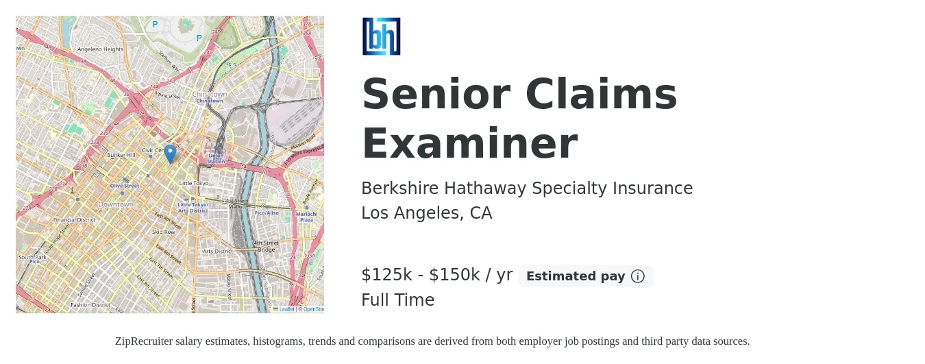 Berkshire Hathaway Specialty Insurance job posting for a Senior Claims Examiner in Los Angeles, CA with a salary of $125,000 to $145,000 Yearly with a map of Los Angeles location.