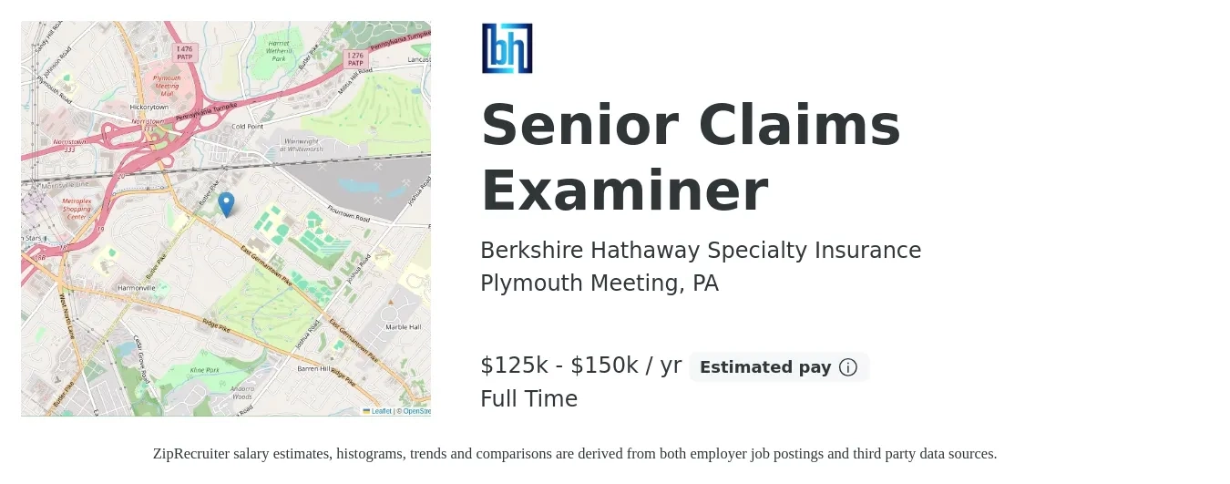 Berkshire Hathaway Specialty Insurance job posting for a Senior Claims Examiner in Plymouth Meeting, PA with a salary of $125,000 to $145,000 Yearly with a map of Plymouth Meeting location.