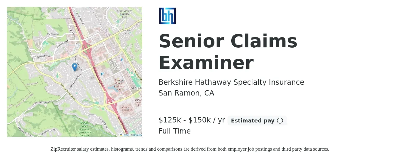 Berkshire Hathaway Specialty Insurance job posting for a Senior Claims Examiner in San Ramon, CA with a salary of $125,000 to $145,000 Yearly with a map of San Ramon location.