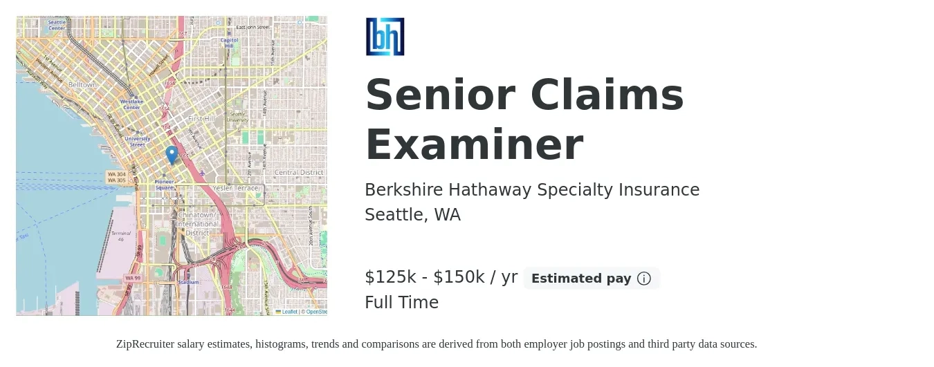 Berkshire Hathaway Specialty Insurance job posting for a Senior Claims Examiner in Seattle, WA with a salary of $125,000 to $145,000 Yearly with a map of Seattle location.