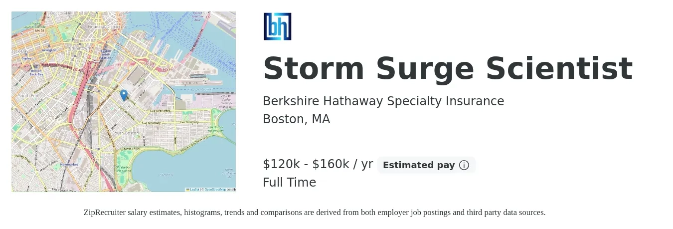 Berkshire Hathaway Specialty Insurance job posting for a Storm Surge Scientist in Boston, MA with a salary of $120,000 to $160,000 Yearly with a map of Boston location.