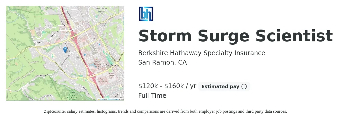 Berkshire Hathaway Specialty Insurance job posting for a Storm Surge Scientist in San Ramon, CA with a salary of $120,000 to $160,000 Yearly with a map of San Ramon location.