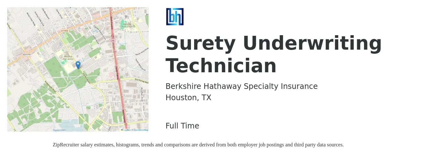 Berkshire Hathaway Specialty Insurance job posting for a Surety Underwriting Technician in Houston, TX with a salary of $17 to $24 Hourly with a map of Houston location.