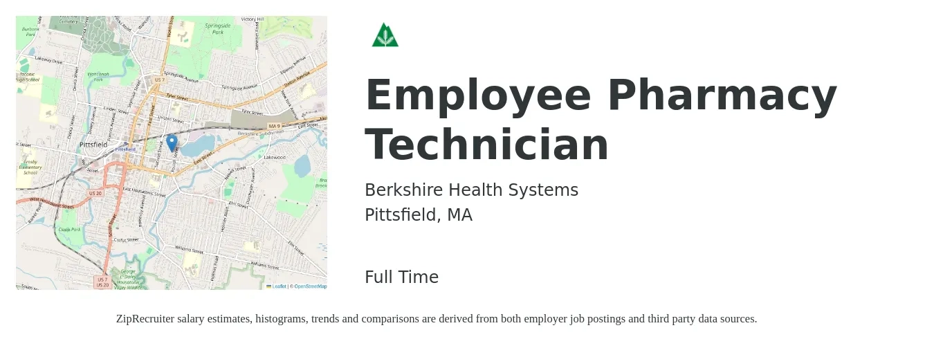Berkshire Health Systems job posting for a Employee Pharmacy Technician in Pittsfield, MA with a salary of $20 to $24 Hourly with a map of Pittsfield location.