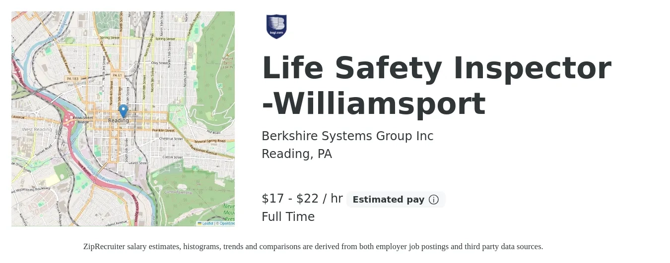 Berkshire Systems Group Inc job posting for a Life Safety Inspector -Williamsport in Reading, PA with a salary of $18 to $23 Hourly with a map of Reading location.