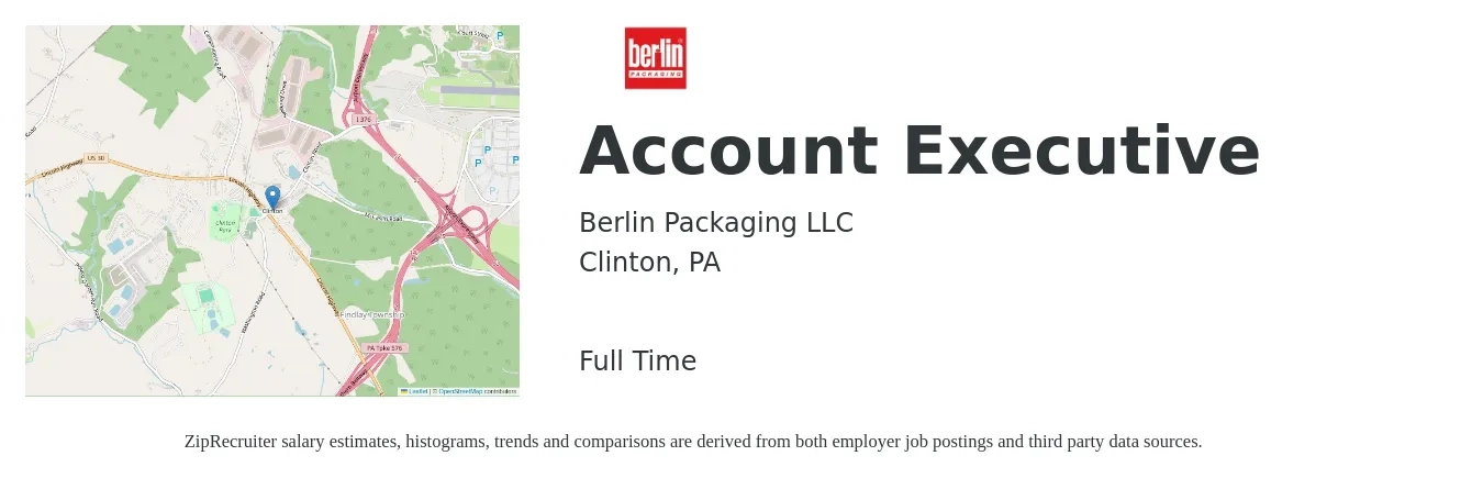 Berlin Packaging LLC job posting for a Account Executive in Clinton, PA with a salary of $53,500 to $94,100 Yearly with a map of Clinton location.