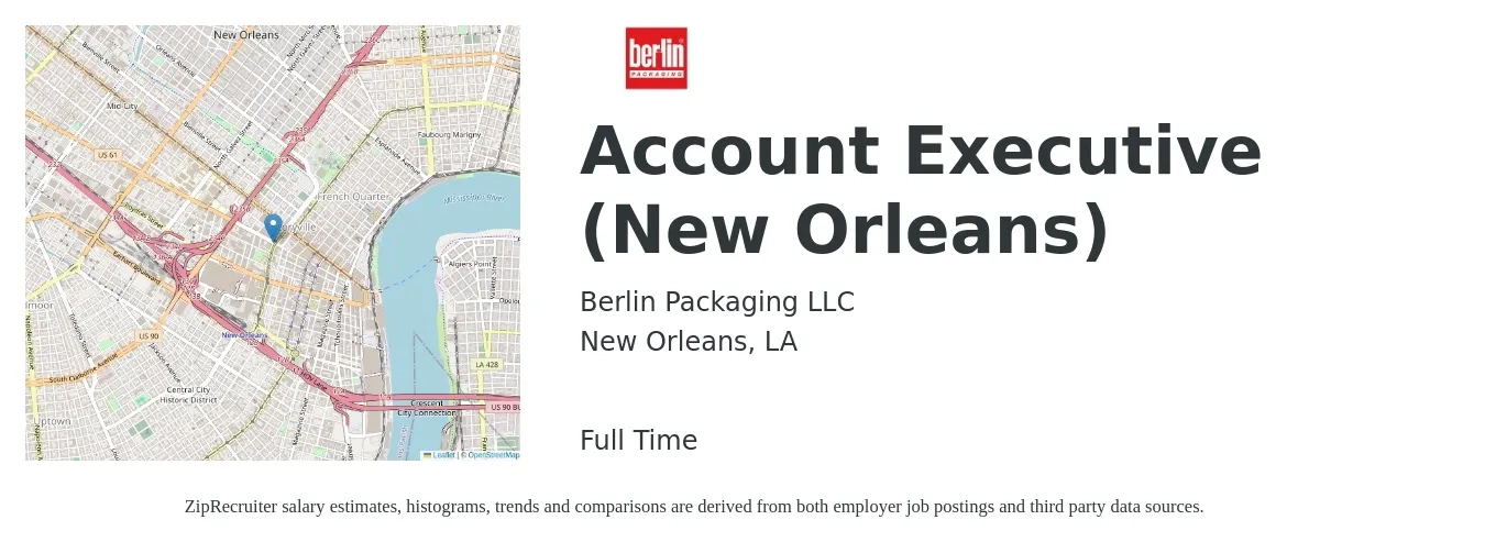 Berlin Packaging LLC job posting for a Account Executive (New Orleans) in New Orleans, LA with a salary of $51,900 to $91,200 Yearly with a map of New Orleans location.