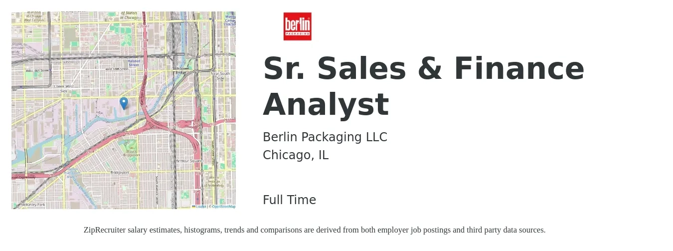 Berlin Packaging LLC job posting for a Sr. Sales & Finance Analyst in Chicago, IL with a salary of $88,100 to $109,700 Yearly with a map of Chicago location.