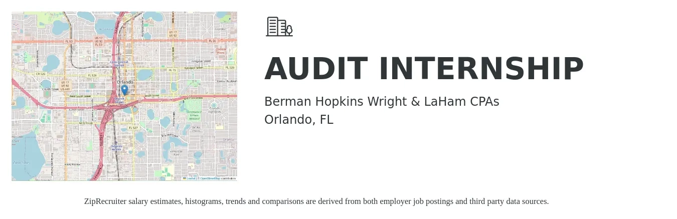 Berman Hopkins Wright & LaHam CPAs job posting for a AUDIT INTERNSHIP in Orlando, FL with a salary of $15 to $19 Hourly with a map of Orlando location.