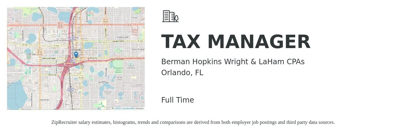 Berman Hopkins Wright & LaHam CPAs job posting for a TAX MANAGER in Orlando, FL with a salary of $103,500 to $135,700 Yearly with a map of Orlando location.