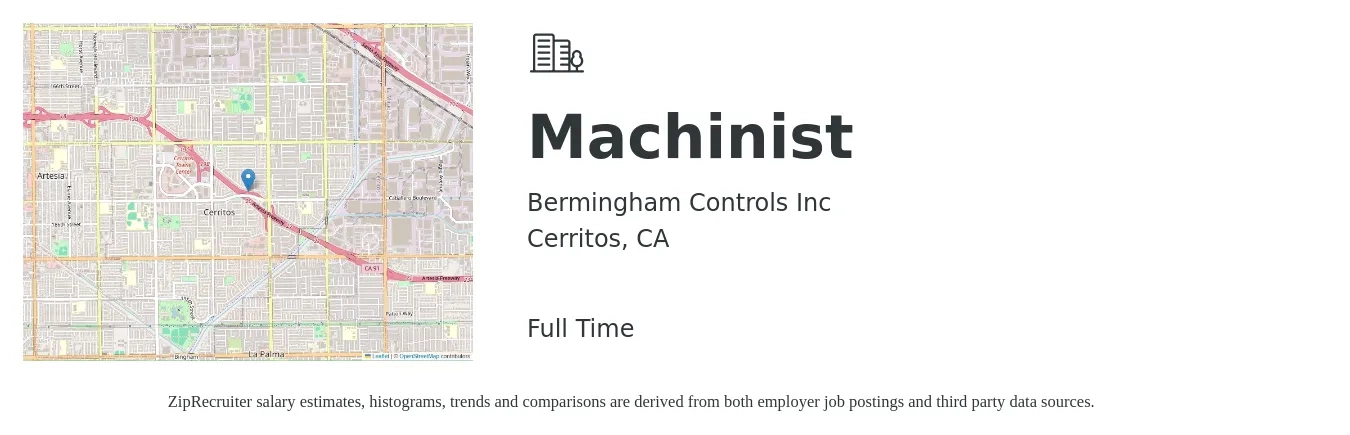 Bermingham Controls Inc job posting for a Machinist in Cerritos, CA with a salary of $30 to $46 Hourly and benefits including retirement, vision, dental, life_insurance, medical, and pto with a map of Cerritos location.