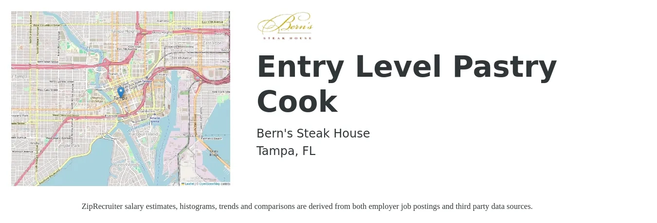 Bern's Steak House job posting for a Entry Level Pastry Cook in Tampa, FL with a salary of $16 to $20 Hourly with a map of Tampa location.