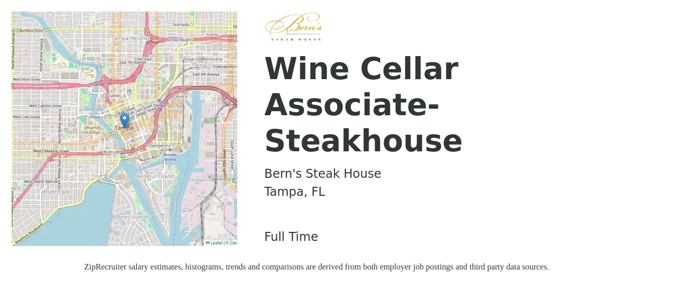Bern's Steak House job posting for a Wine Cellar Associate- Steakhouse in Tampa, FL with a salary of $18 to $21 Hourly with a map of Tampa location.