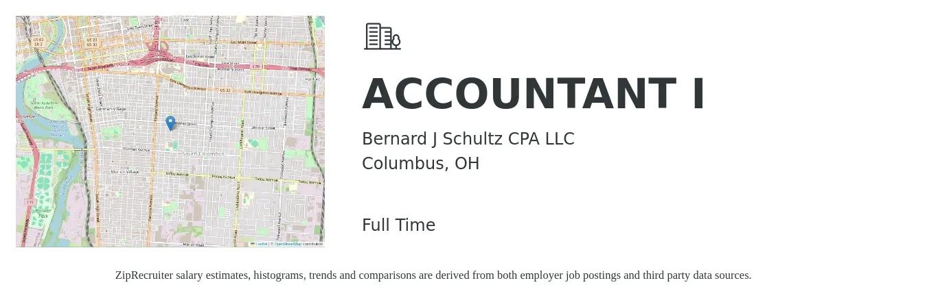 Bernard J Schultz CPA LLC job posting for a ACCOUNTANT I in Columbus, OH with a salary of $51,700 to $75,800 Yearly with a map of Columbus location.