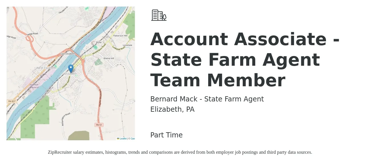 Bernard Mack - State Farm Agent job posting for a Account Associate - State Farm Agent Team Member in Elizabeth, PA with a salary of $44,900 to $60,900 Yearly with a map of Elizabeth location.