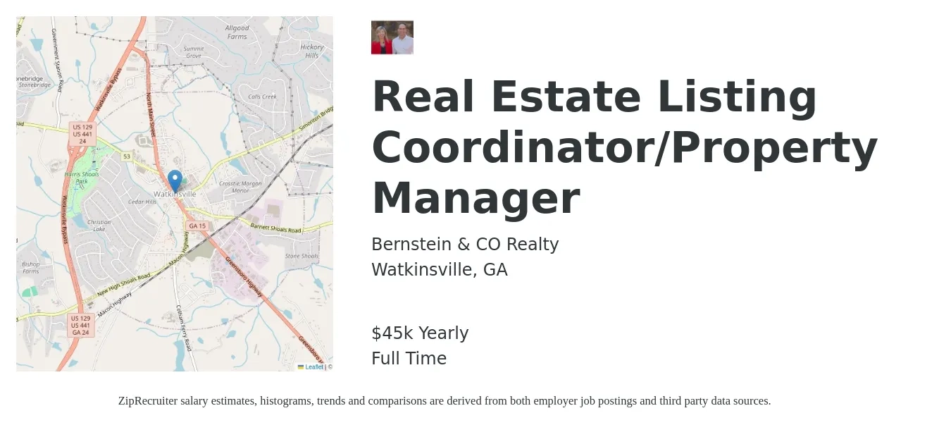 Bernstein & CO Realty job posting for a Real Estate Listing Coordinator/Property Manager in Watkinsville, GA with a salary of $45,000 Yearly with a map of Watkinsville location.