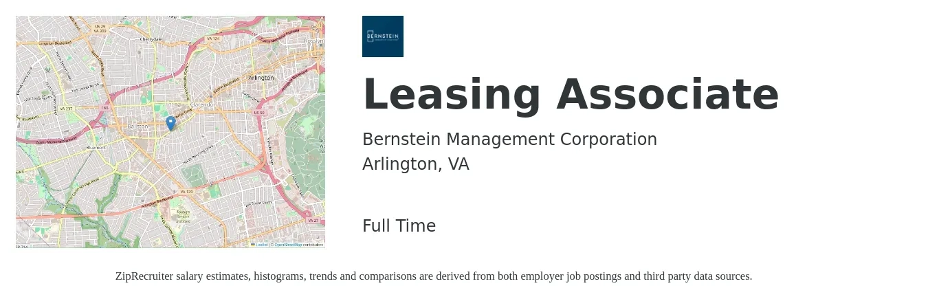 Bernstein Management Corporation job posting for a Leasing Associate in Arlington, VA with a salary of $20 to $26 Hourly with a map of Arlington location.