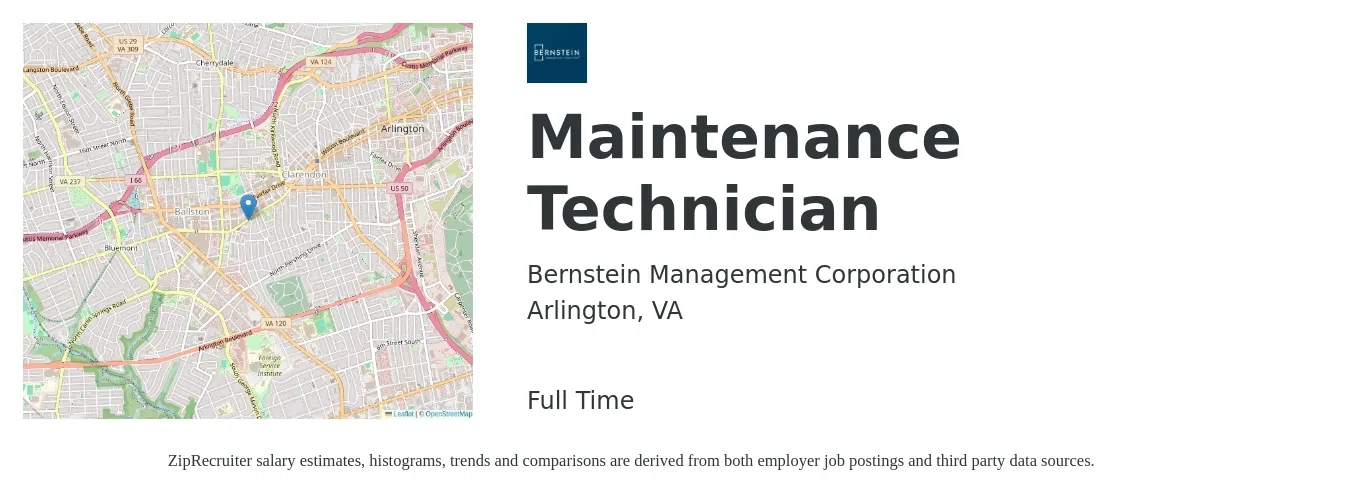 Bernstein Management Corporation job posting for a Maintenance Technician in Arlington, VA with a salary of $22 to $30 Hourly with a map of Arlington location.