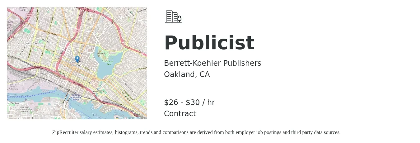 Berrett-Koehler Publishers job posting for a Publicist in Oakland, CA with a salary of $28 to $32 Hourly with a map of Oakland location.