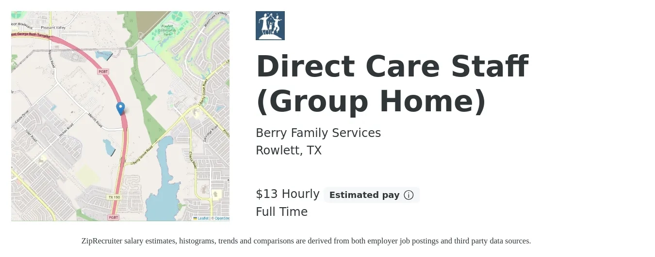 Berry Family Services job posting for a Direct Care Staff (Group Home) in Rowlett, TX with a salary of $13 Hourly with a map of Rowlett location.