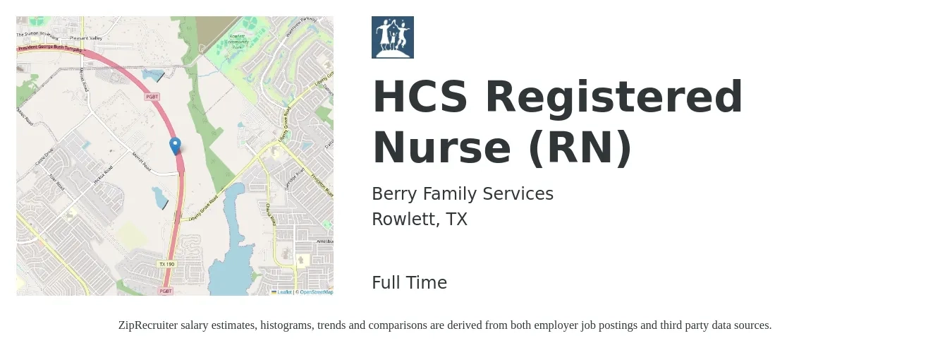 Berry Family Services job posting for a HCS Registered Nurse (RN) in Rowlett, TX with a salary of $30 to $47 Hourly with a map of Rowlett location.