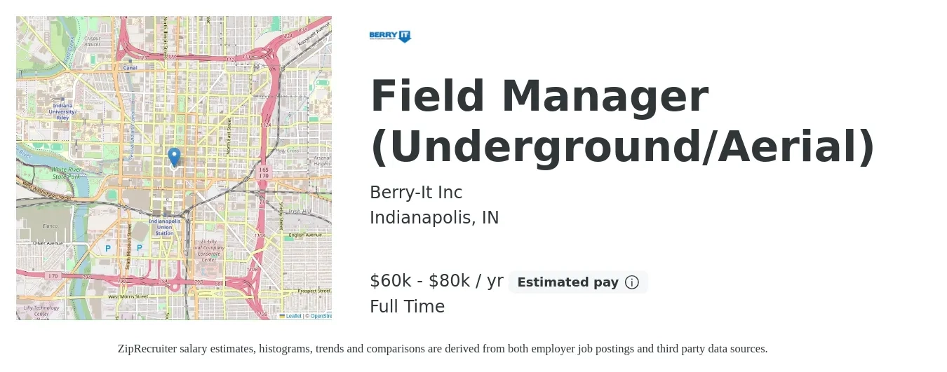 Berry-It Inc job posting for a Field Manager (Underground/Aerial) in Indianapolis, IN with a salary of $60,000 to $80,000 Yearly with a map of Indianapolis location.