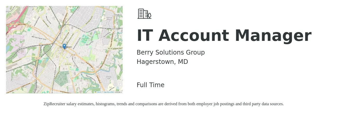 Berry Solutions Group job posting for a IT Account Manager in Hagerstown, MD with a salary of $63,400 to $121,900 Yearly with a map of Hagerstown location.