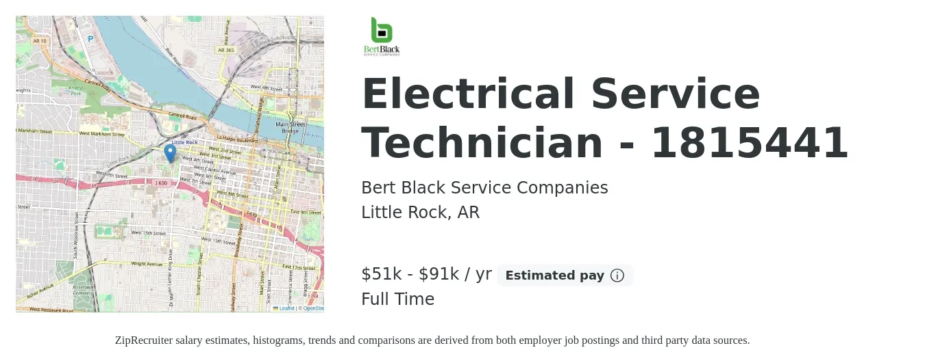 Bert Black Service Companies job posting for a Electrical Service Technician - 1815441 in Little Rock, AR with a salary of $51,000 to $91,000 Yearly with a map of Little Rock location.