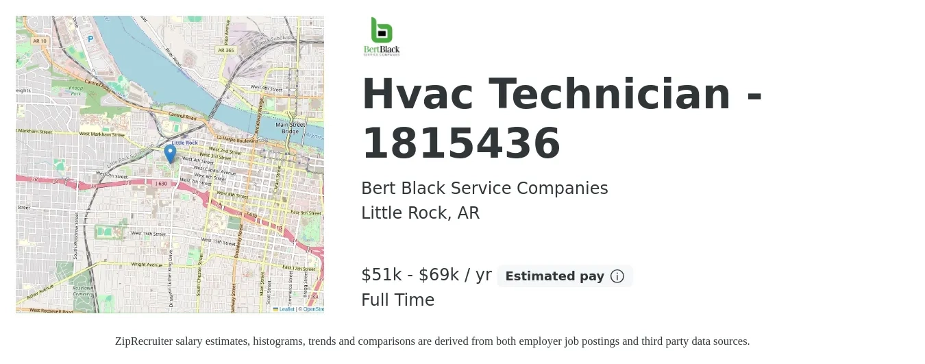 Bert Black Service Companies job posting for a Hvac Technician - 1815436 in Little Rock, AR with a salary of $51,000 to $69,000 Yearly with a map of Little Rock location.