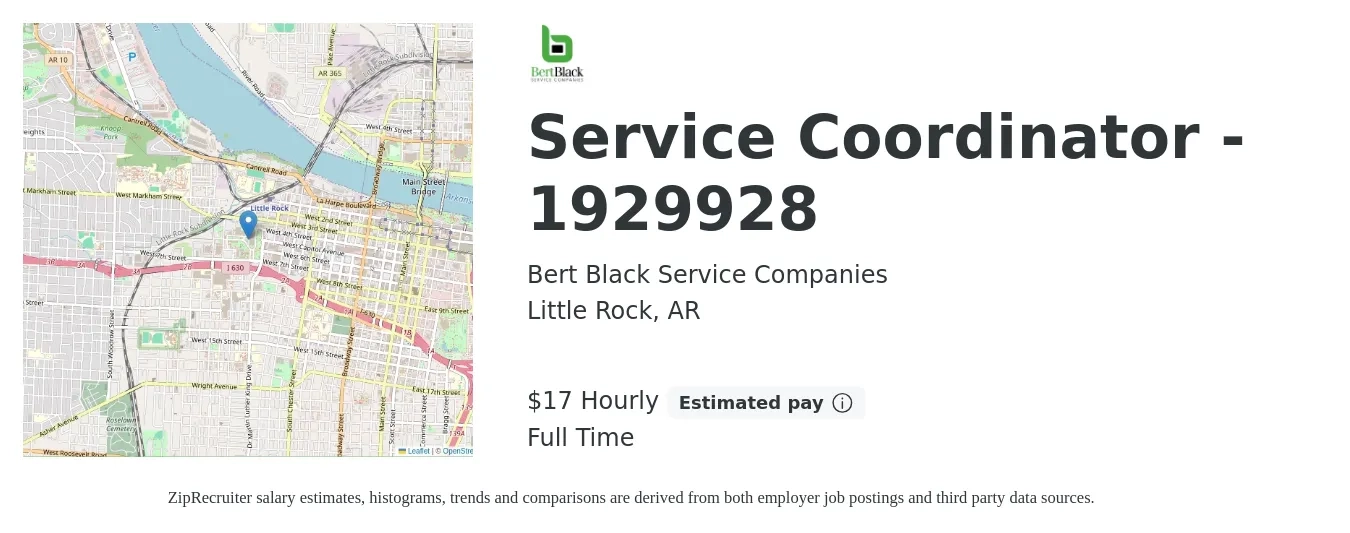 Bert Black Service Companies job posting for a Service Coordinator - 1929928 in Little Rock, AR with a salary of $18 Hourly with a map of Little Rock location.