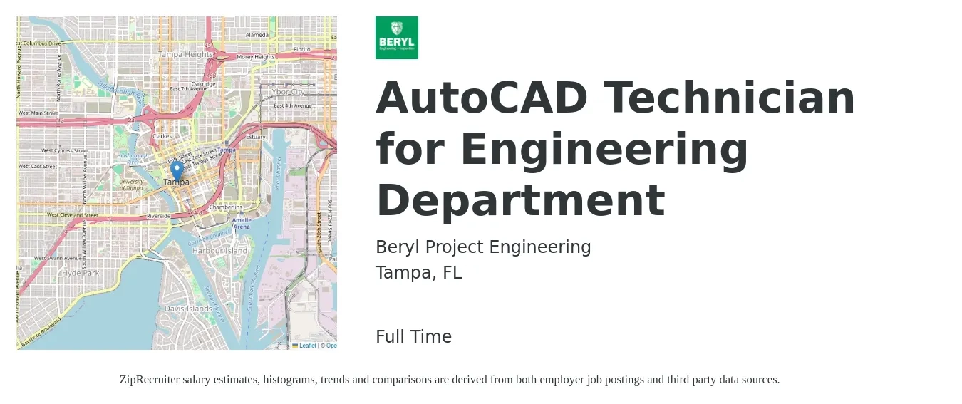 Beryl Project Engineering job posting for a AutoCAD Technician for Engineering Department in Tampa, FL with a salary of $22 to $24 Hourly with a map of Tampa location.