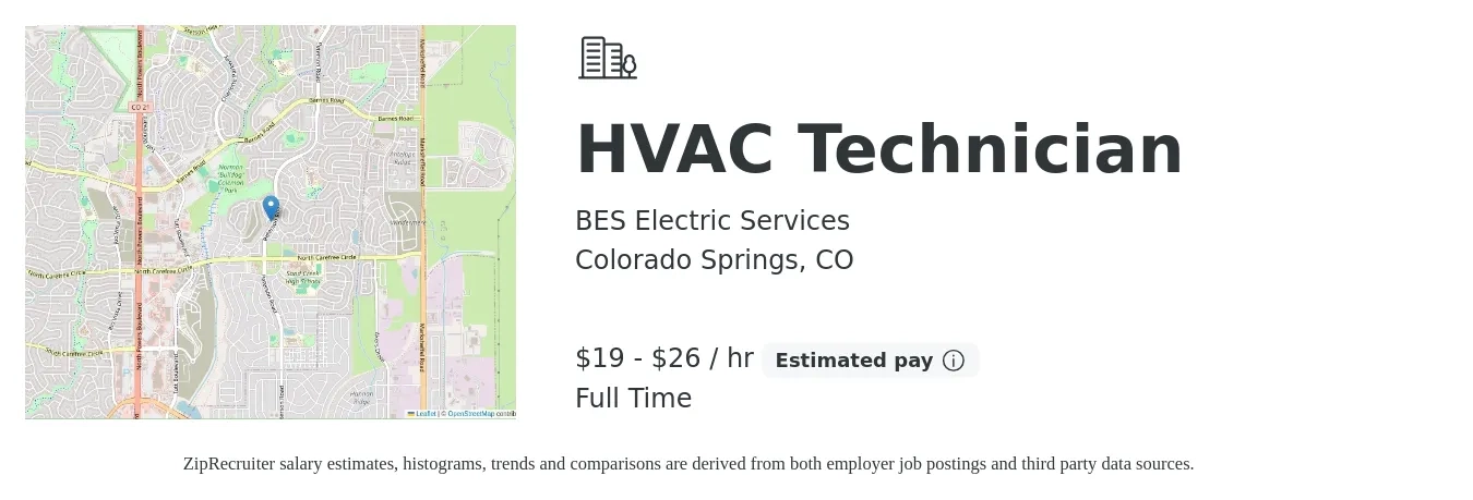 BES Electric Services job posting for a HVAC Technician in Colorado Springs, CO with a salary of $20 to $28 Hourly with a map of Colorado Springs location.