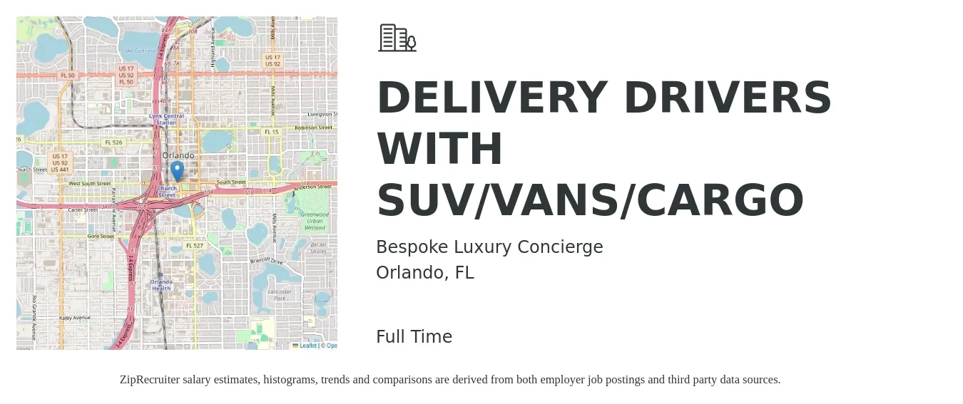Bespoke Luxury Concierge job posting for a DELIVERY DRIVERS WITH SUV/VANS/CARGO in Orlando, FL with a salary of $100 to $150 Daily with a map of Orlando location.