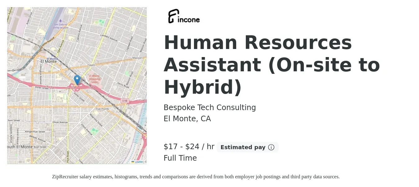 Bespoke Tech Consulting job posting for a Human Resources Assistant (On-site to Hybrid) in El Monte, CA with a salary of $18 to $25 Hourly and benefits including pto with a map of El Monte location.