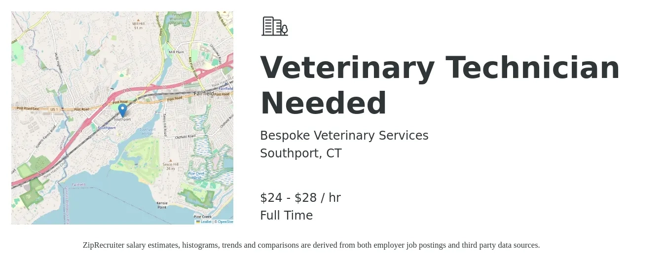 Bespoke Veterinary Services job posting for a Veterinary Technician Needed in Southport, CT with a salary of $25 to $30 Hourly with a map of Southport location.