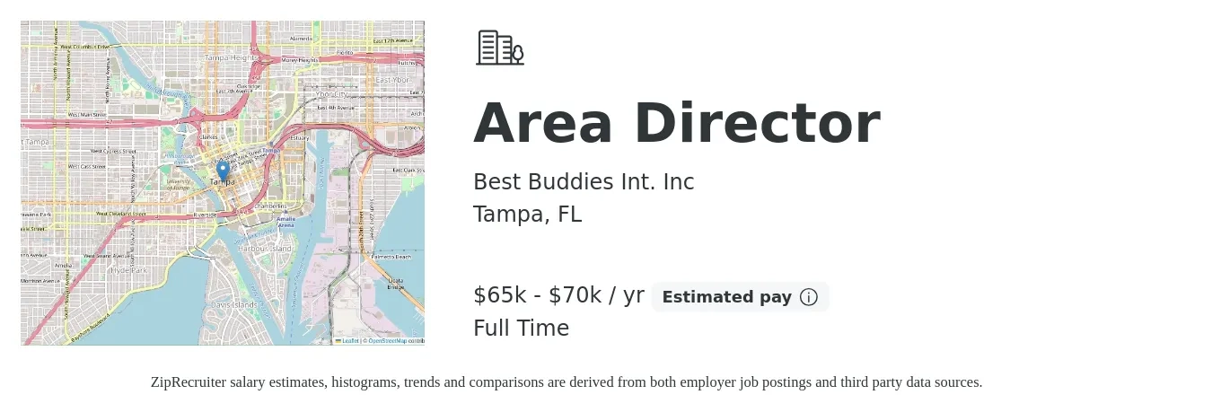 Best Buddies Int. Inc job posting for a Area Director in Tampa, FL with a salary of $65,000 to $70,000 Yearly with a map of Tampa location.