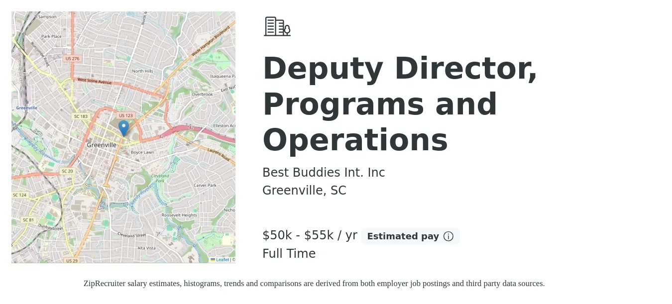 Best Buddies Int. Inc job posting for a Deputy Director, Programs and Operations in Greenville, SC with a salary of $50,000 to $55,000 Yearly with a map of Greenville location.