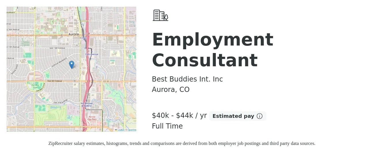 Best Buddies Int. Inc job posting for a Employment Consultant in Aurora, CO with a salary of $40,000 to $44,000 Yearly with a map of Aurora location.