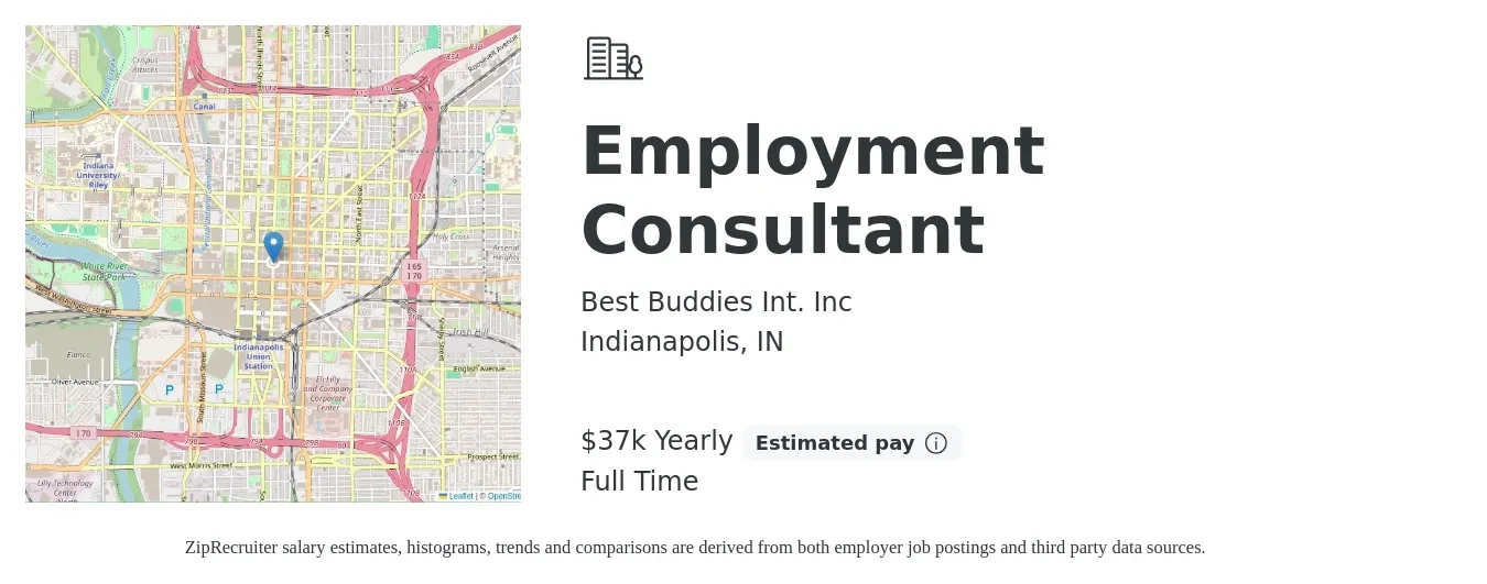 Best Buddies Int. Inc job posting for a Employment Consultant in Indianapolis, IN with a salary of $37,000 Yearly with a map of Indianapolis location.