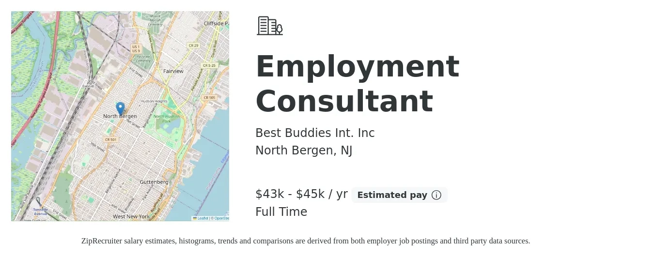 Best Buddies Int. Inc job posting for a Employment Consultant in North Bergen, NJ with a salary of $43,000 to $45,000 Yearly with a map of North Bergen location.