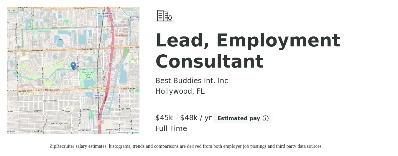 Best Buddies Int. Inc job posting for a Lead, Employment Consultant in Hollywood, FL with a salary of $45,000 to $48,000 Yearly with a map of Hollywood location.
