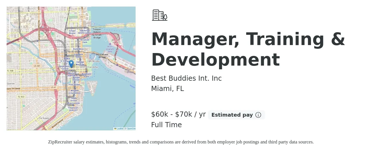 Best Buddies Int. Inc job posting for a Manager, Training & Development in Miami, FL with a salary of $60,000 to $70,000 Yearly with a map of Miami location.