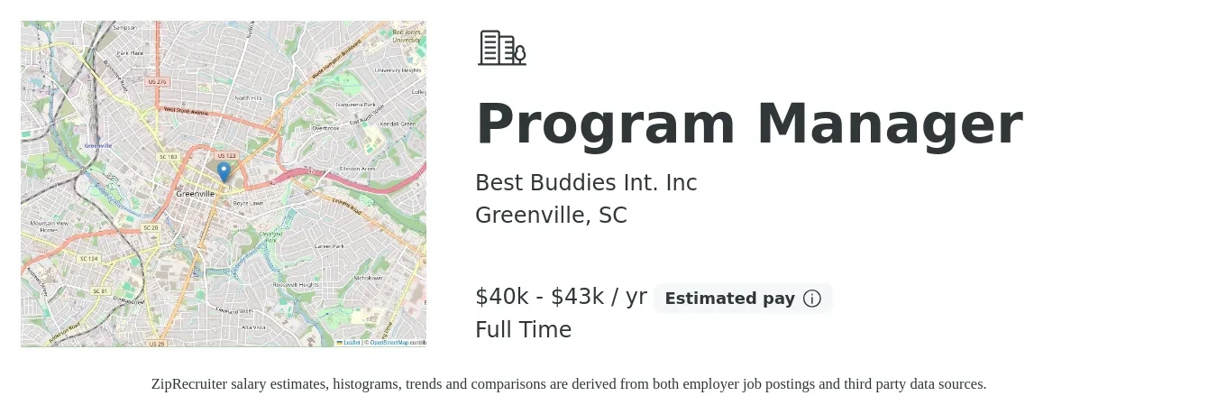 Best Buddies Int. Inc job posting for a Program Manager in Greenville, SC with a salary of $40,000 to $43,000 Yearly with a map of Greenville location.