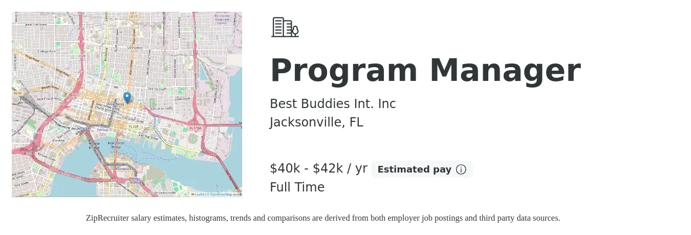 Best Buddies Int. Inc job posting for a Program Manager in Jacksonville, FL with a salary of $40,000 to $42,000 Yearly with a map of Jacksonville location.