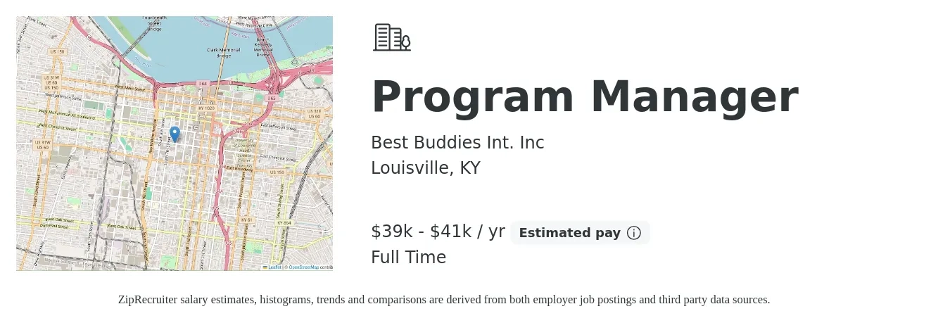 Best Buddies Int. Inc job posting for a Program Manager in Louisville, KY with a salary of $39,000 to $41,000 Yearly with a map of Louisville location.